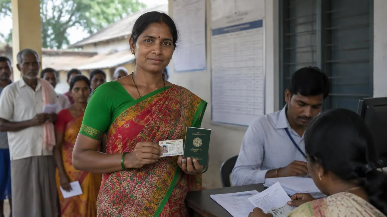 Woman showing Aadhaar and ration card for Indiramma Illu eligibility verification