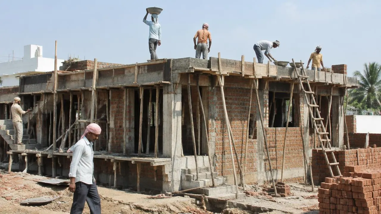 Workers building an Indiramma Illu house at roof slab stage in a Telangana village