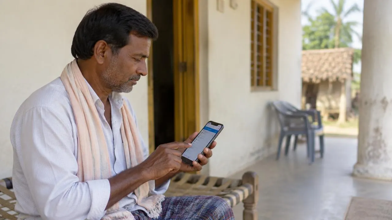 Man checking Indiramma Illu application status on his mobile phone